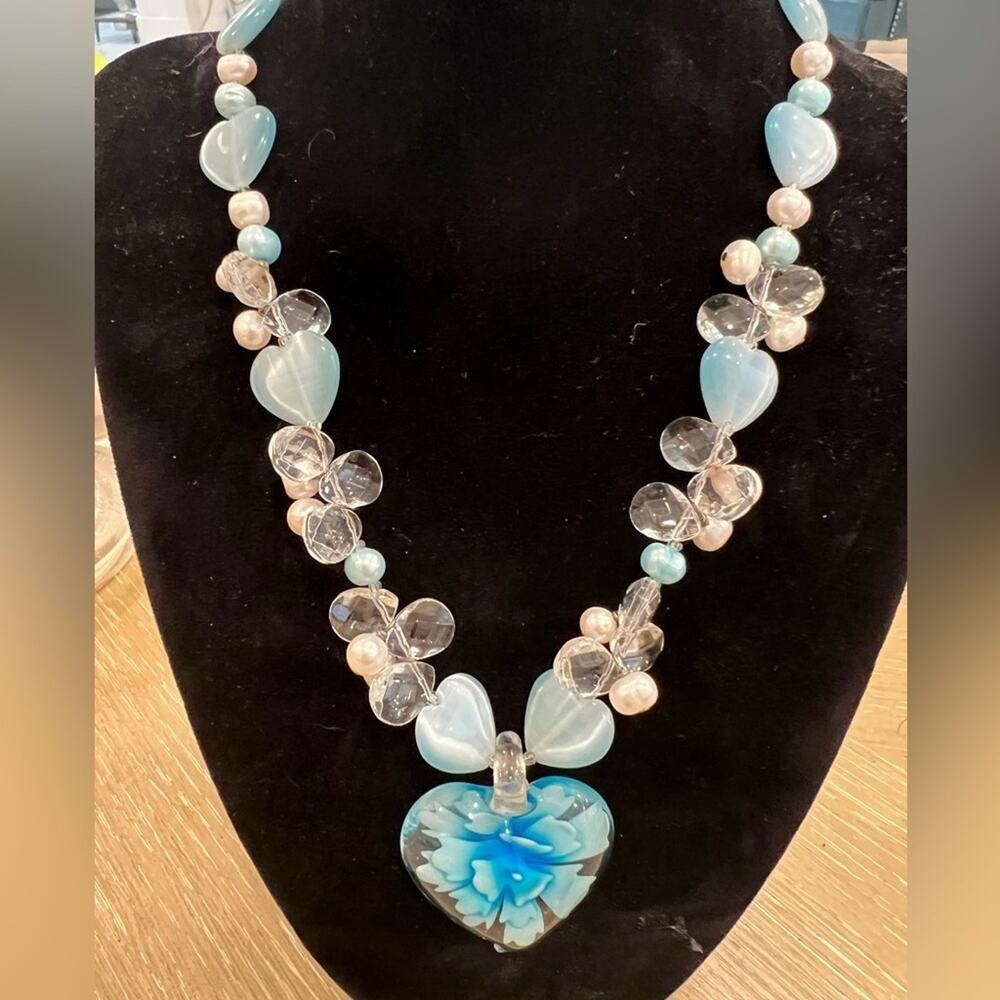 Blue glass and beaded flower necklace